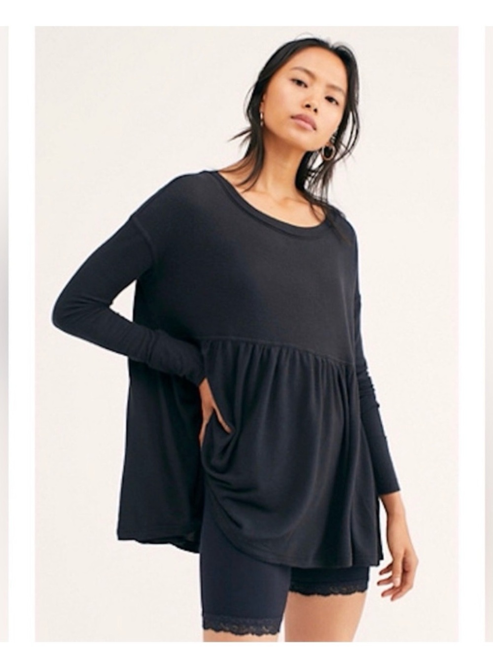 Free People Women’s Forever Your Girl Long Sleeve Babydoll Tee Black Size XS
